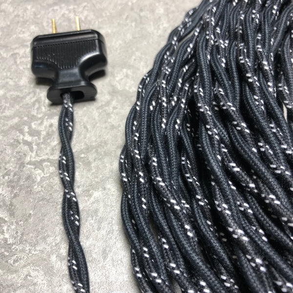 2-CONDUCTOR 18-GAUGE BLACK COTTON TWISTED WIRE WITH DOUBLE WHITE TRACER