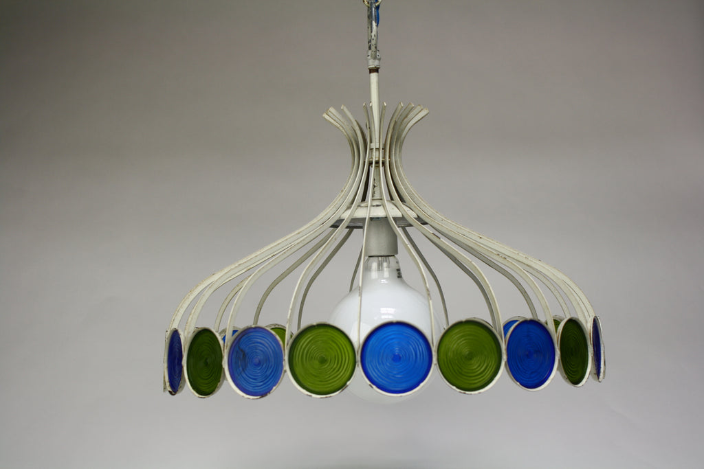 Vintage White Mid-Century Chandelier with Green & Turquoise Medallions