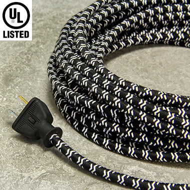 Black w/ White Double Stitch Tracer Round Cloth Covered 3-Wire Cord, Cotton  - PER FOOT